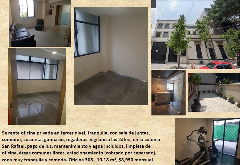 Rento oficina con sala de juntas, comedor, gimnasio, regaderas y vigilancia.